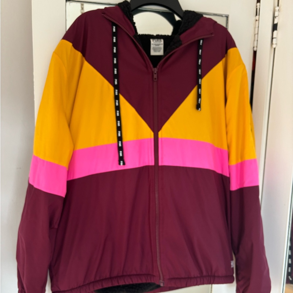 PINK FLEECE LINED RAIN JACKET ZIP FRONT